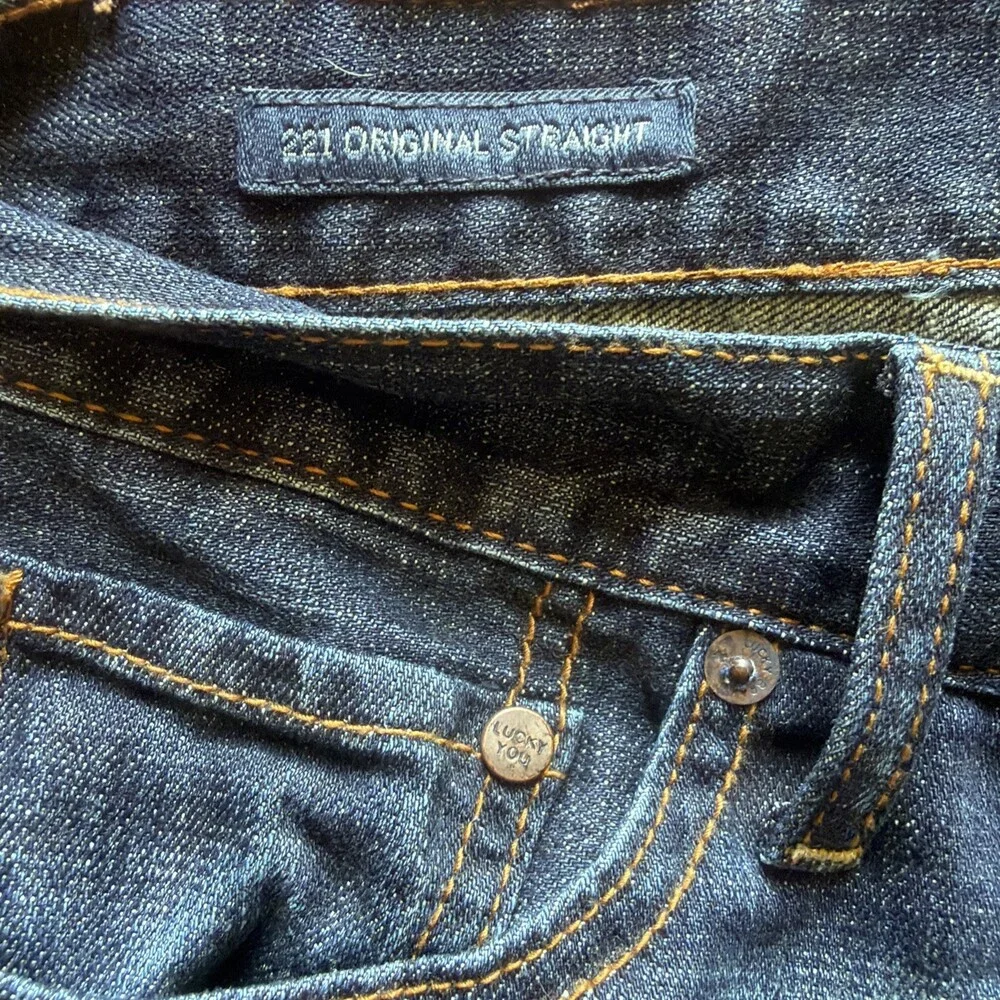 Lucky Brand 221 Original Straight Jeans Mens 34x32 Blue Dark Wash Denim Stretch